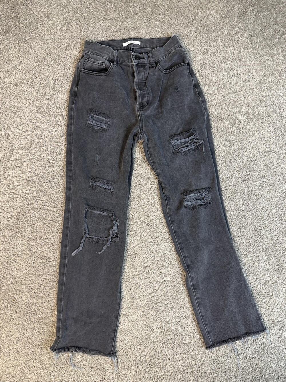 PacSun Jeans Womens 26 Gray Straight High Rise Distressed Fringe 26 Waist